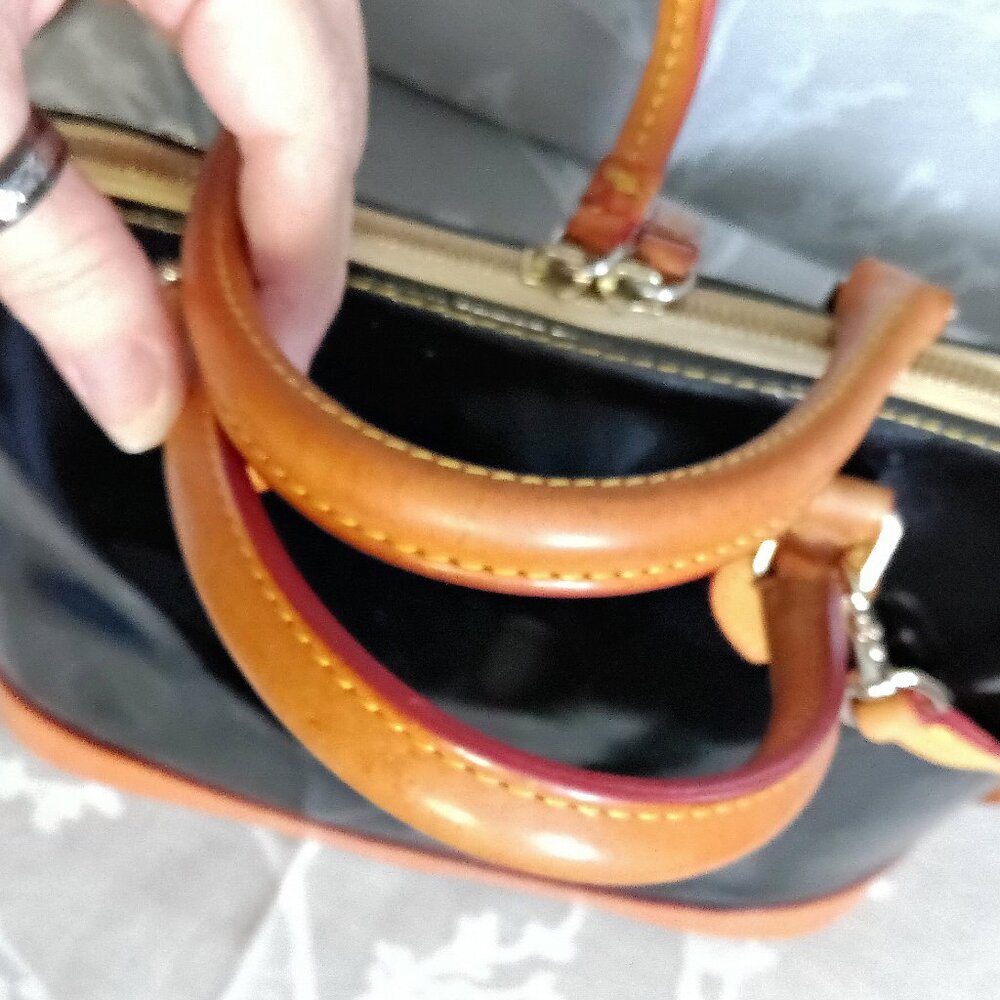 Dooney & Bourke Black and Tan Patent Leather Satchel - Picture 4 of 15
